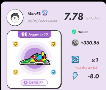 A StepNation app screen for user 'MaruFB' (ID 139761177) showing 7.78 GST/Min earnings, Jogger Lv30, with a balance of +330.56 and a note that slots are full.
