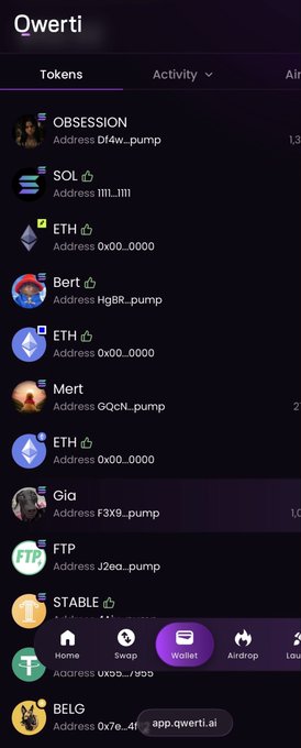 A screenshot of the Qwerti app displays a "Tokens" portfolio list featuring holdings such as OBSESSION (Df4w...pump), SOL (I11...I11), ETH (0x00...0000), Bert (Hg8R...pump), Mert (GQcN...pump), Gio (F3X9...pump), FTP (J2ea...pump), STABLE, and BELG (0x7e...4). The interface shows a bottom navigation bar with Home, Swap, Wallet, and Airdrop options, illustrating the user's claim of holding over 100 tokens across multiple chains including SOL and BNB.