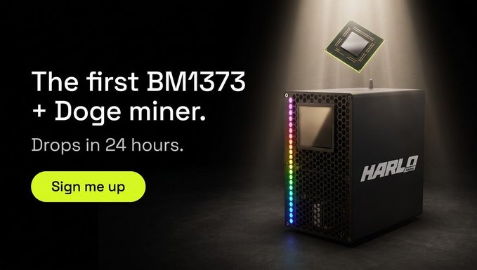 An advertisement reading 'The first BM1373 + Doge miner. Drops in 24 hours.' with a yellow 'Sign me up' button next to a black mining device labeled 'HARLO'.