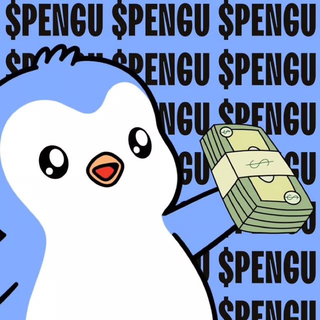 An animated white penguin character holds a stack of cash against a blue background filled with repeating '$PENGU' text in black.