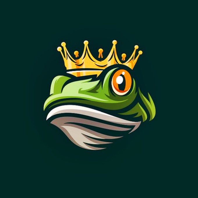 A logo featuring a green frog wearing a golden crown on a dark green background.