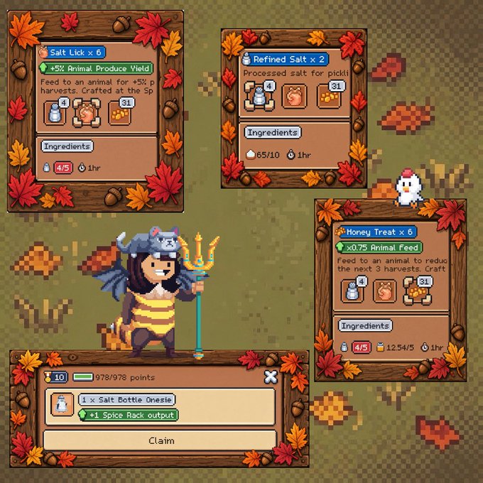 A screenshot from 0xSunflowerLand shows a pixel art character in a bee costume alongside crafting recipes for Salt Lick (x6), Refined Salt (x2), and Honey Treat (x6), with a bottom panel displaying the Level 10 Chapter Race reward: "1 x Salt Bottle Onesie" which provides "+1 Spice Rack output," illustrating the post's claim about improving honey treat crafting efficiency.