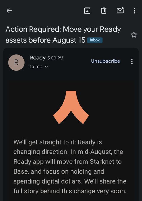 Email screenshot from Ready announcing the app will move from Starknet to Base in mid-August to focus on holding and spending digital dollars.