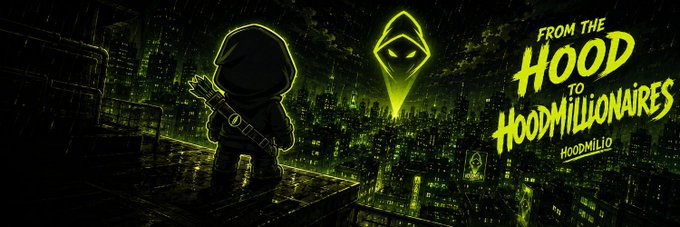 Stylized neon green and black promotional banner reading 'FROM THE HOOD TO HOODMILLIONAIRES' by HOODMILIIO, featuring a hooded figure overlooking a dark cityscape.
