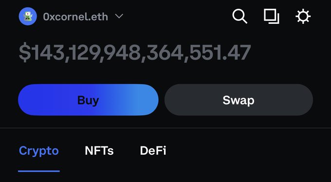 In the image, there's a screen displaying information about an investment opportunity on a cryptocurrency platform called "BaseApp". The main focus of the image is a blue button labeled "Buy", which has an $143T price tag on its left side. Below this, there are two other buttons - one that reads "Cypto" and another with a dollar sign in front of it indicating the purchase cost. Additionally, there's a buy button below that says "Swap". The entire scene is set against a black background, making these buttons stand out prominently.
