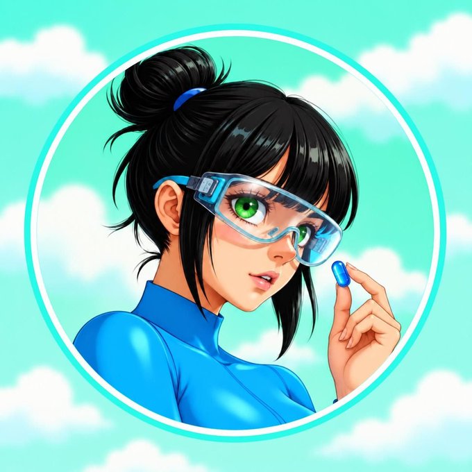 An anime-style illustration depicts a woman with black hair in a bun, wearing a blue high-neck top and futuristic clear goggles, holding a blue pill against a sky background.