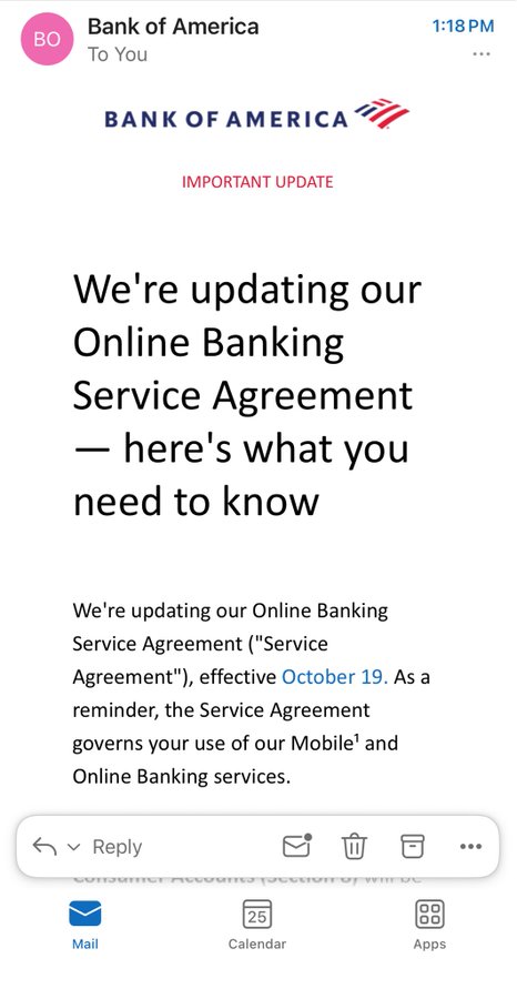 An email from Bank of America dated 1:18 PM titled "IMPORTANT UPDATE" announces changes to their Online Banking Service Agreement effective October 19. The message outlines updates to the terms governing customers' use of Mobile and Online Banking services.

The post suggests this routine agreement update is being interpreted as evidence that U.S. banks like Bank of America are preparing to integrate XRP/cryptocurrency into their banking services, with October being a significant timeframe.