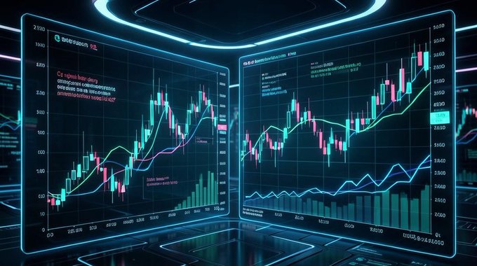 Two curved digital screens display financial candlestick charts and line graphs with green and red bars, set against a dark background with neon blue lighting.