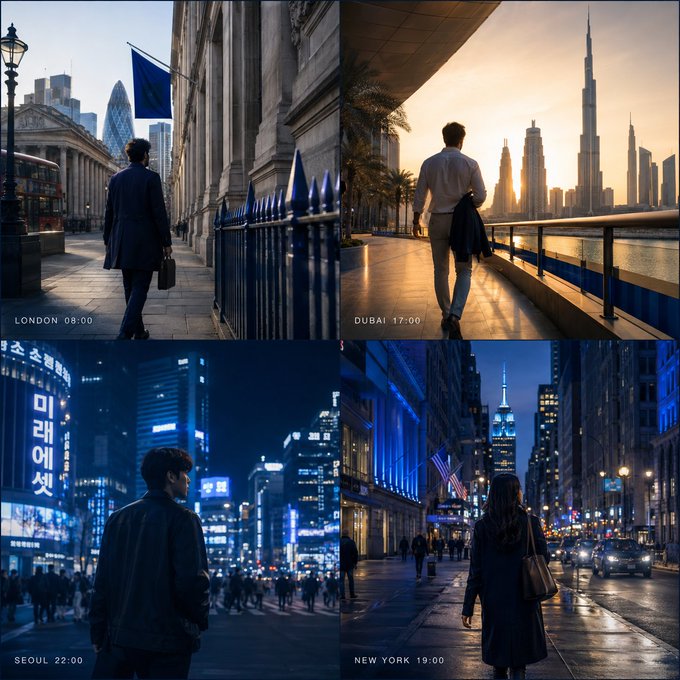 A four-panel collage shows business professionals walking through major financial districts at different times: "LONDON 08:00" with the Gherkin in the background, "DUBAI 17:00" featuring the Burj Khalifa at sunset, "SEOUL 22:00" with illuminated Korean signage, and "NEW YORK 19:00" showing the Empire State Building. Together, the images illustrate how a single global market operates continuously across every timezone, from morning in Europe to night in Asia and evening in the Americas.