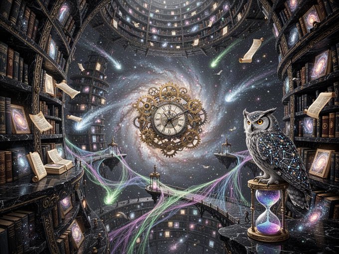 A fantastical digital illustration of a cosmic library featuring a steampunk clock, an owl, floating books, and a glowing hourglass.