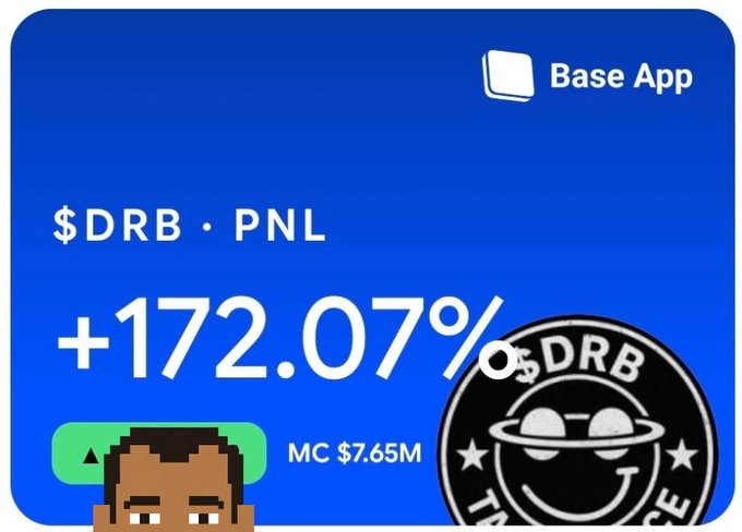 A blue app interface card showing '$DRB · PNL' with a value of '+172.07%', a market cap of '$7.65M', a pixel art avatar, and a logo featuring a cartoon face with halos.