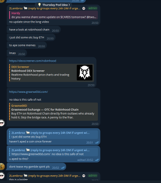 A screenshot of a Discord chat in the "Thursday Pod Idea" channel where a user named 2Lambo announces "reply to groups every 24h OR if urgent win" and later edits to "who is in this? also no update since the long video" referencing a Robinhood Chain livestream video, aligning with the post's mention of bridging to Robinhood to ape a token.