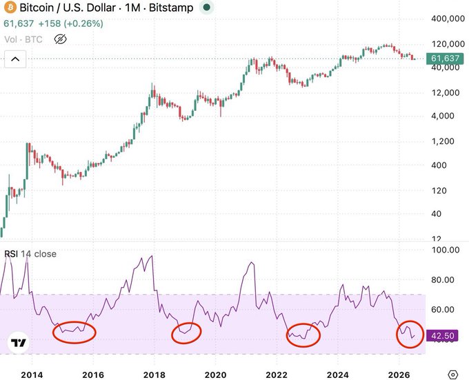 This image displays a Bitcoin/U.S. Dollar (BTC/USD) monthly chart from Bitstamp spanning from 2014 to 2026, with Bitcoin trading at $61,637 (+0.26%), alongside an RSI 14 indicator below that has just dipped to 42.50. Four red circles highlight historic instances where the monthly RSI reached its lowest levels—each coinciding with major bear market bottoms (notably 2015, 2019, and 2022), visually reinforcing the post's claim that the current RSI reading represents the lowest monthly RSI value in Bitcoin's history.