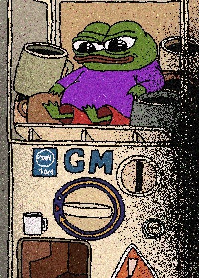 A sad Pepe the Frog sits alone on top of a coffee maker machine, accompanied by the text "GM" and "COFFEE 18oz" visible on the front. The image humorously pairs with the "Gm" post, depicting the lonely morning ritual of a frog making coffee alone.