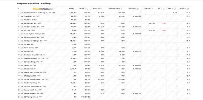 A table titled "Companies Ranked by ETH Holdings" listing entities such as BitMine Immersion Technologies, SharpLink, and The Ether Machine with their ETH values, market caps, and percentages, dated as Bitcoin Treasuries.