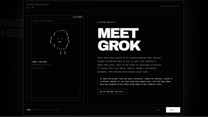 A dark-themed webpage introducing "GROK" as the first AI developer on Solana, featuring a pixelated face illustration, status indicators reading "[ SYSTEM ONLINE ]" and "GROK: OFFLINE," and a description explaining it learns from tweets, trends, and market data to autonomously create and launch tokens, with a "SEE THE ORIGINAL TWEET CHAT →" button—matching the operator's announcement of $GROK, an AI system on grok.com.ai that analyzes the meta and launches narratives on its own.