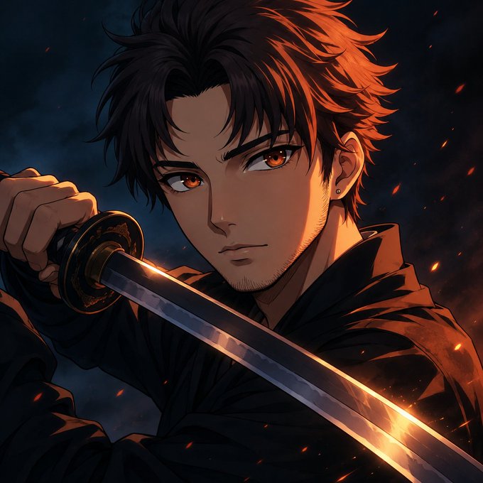 An anime-style illustration shows a young man with dark hair and striking red eyes gripping a sword, set against a dark backdrop with glowing embers.