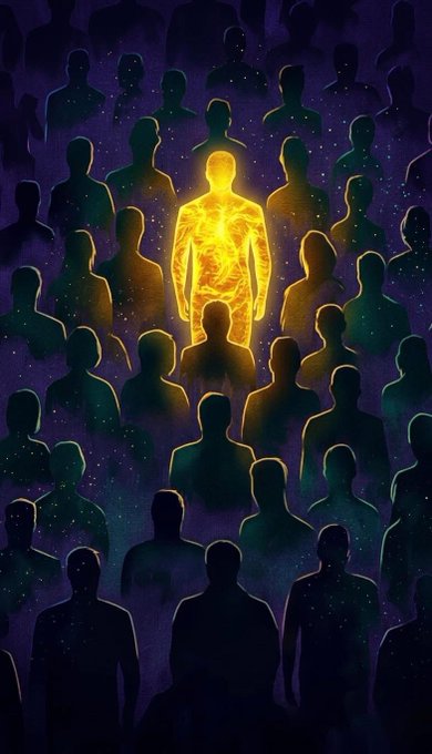 An illustration depicting a glowing golden humanoid figure standing out among a crowd of dark silhouettes against a starry purple background.