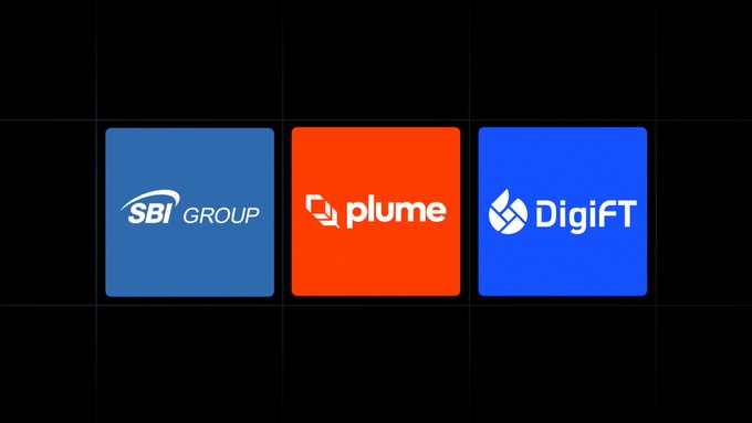 Three cryptocurrency/finance company logos displayed in a grid: SBI Group (blue), Plume (orange), and DigiFT (dark blue).