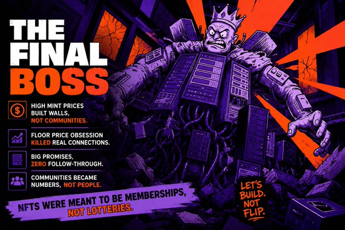The image is a vibrant purple and orange illustration depicting a giant, menacing "Final Boss" monster made of server racks and cables wearing a crown, looming over broken buildings. It lists critiques of NFT culture including "HIGH MINT PRICES BUILT WALLS, NOT COMMUNITIES," "FLOOR PRICE OBSESSION KILLED REAL CONNECTIONS," "BIG PROMISES, ZERO FOLLOW-THROUGH," and "COMMUNITIES BECAME NUMBERS, NOT PEOPLE," with the rallying cry "LET'S BUILD, NOT FLIP" and the tagline "NFTS WERE MEANT TO BE MEMBERSHIPS, NOT LOTTERIES."

The visual directly reinforces the post's message by personifying the speculative, profit-driven mentality of the NFT space as a literal monster that crushed authentic community-building, turning what should have been about membership and connection into a wealth-extraction scheme.