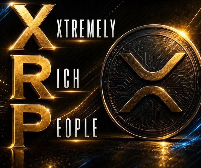 A luxurious gold "XRP" logo paired with the text "XTREMELY RICH PEOPLE" and a glowing XRP cryptocurrency coin celebrates the Sunday #XRP community's aspirations for wealth and prosperity.