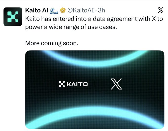 A tweet from Kaito AI (@KaitoAI) announcing a data agreement with X to power various use cases, featuring the Kaito and X logos on a glowing cyan background.