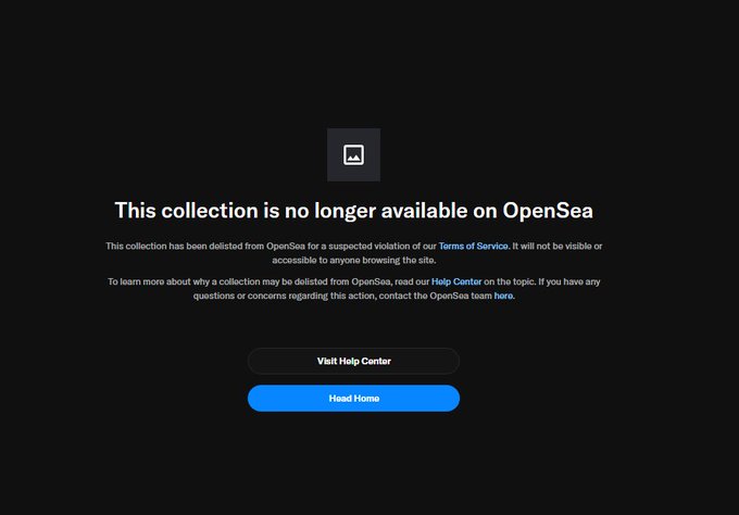 The image displays an OpenSea delisting notice reading "This collection is no longer available on OpenSea," explaining the collection was removed for a suspected Terms of Service violation, with options to visit the Help Center or return Home—directly illustrating the user's complaint that the "Billiz" NFT collection has been hidden/removed from the platform.