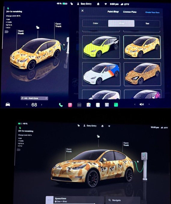 The image is an open Tesla car dashboard with various screens displaying different car models. One of the screens features a car with a unique, Dogecoin-themed wrap around its design. The car has a yellow body and is shown in three different positions - as a regular model, a camouflage pattern, and with the hood off. This display seems to be focused on Tesla's involvement with the Dogecoin community or showcasing the company's approach to designing visually appealing vehicles that capture people's interest.