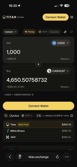 A mobile screenshot of titan.exchange showing a swap of 1,000 USDC for approximately 4,650.50758732 CASHCAT at a rate of ~$992.43, with quotes from Titan, Metis Binary, and OKX. The post mentions @solana and @sunrise, which don't appear directly in the image, though the exchange interface supports cross-chain swaps including Solana-based assets.