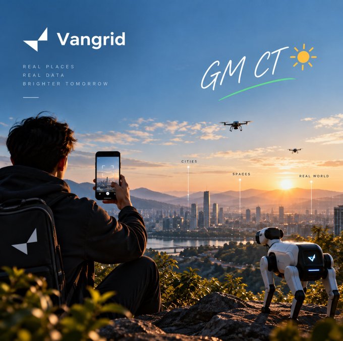 A promotional banner for "Vangrid" with the tagline "REAL PLACES REAL DATA BRIGHTER TOMORROW" and "GM CT", showing a person photographing a cityscape with a robot dog and drones.