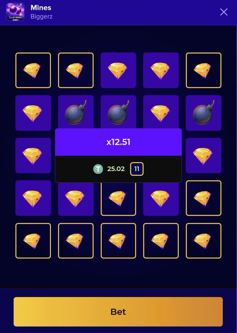 A screenshot of a 'Mines' gambling game called 'Biggerz' showing a 5x5 grid of diamonds and bombs with a payout of x12.51 and a balance of 25.02.