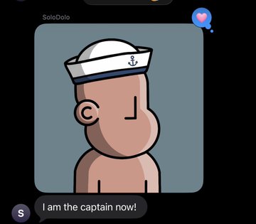 A chat message from user 'SoloDolo' featuring a cartoon avatar of a person in a sailor hat, with the text 'I am the captain now.'