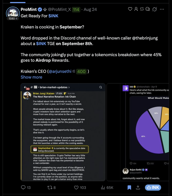The image is a Twitter/X post by ProMint_X (@ProMint_X, Aug 24) teasing an "$INK" event, suggesting Kraken is "cooking in September" with a possible TGE on September 8th based on a Discord mention by @thebrinjung and a community tokenomics breakdown showing 45% allocated to Airdrop Rewards. Attached screenshots show a "Brian-market-updates" article discussing "The Next Narrative Rotation: Ink Chain" highlighting September 8 as a speculative date, and an Ink community poll with a 45% response slice, alongside a comment from Kraken's CEO @arjunsethi ("community wants what it wants"). The image visually supports the accompanying post by tracing the rumored September 8 $INK/Ink Chain TGE date back to speculative community chatter rather than any official Kraken or Ink announcement.