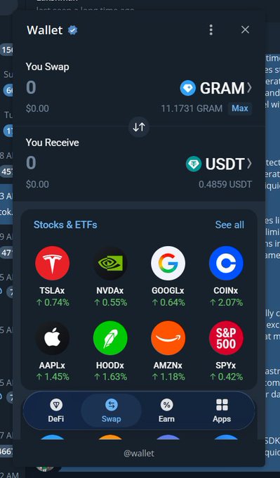 A Telegram wallet Mini App interface shows a token swap feature exchanging GRAM for USDT (0.4859 USDT rate), along with a "Stocks & ETFs" section displaying tickers like TSLAx, NVDAx, GOOGLx, COINx, AAPLx, HOODx, AMZNx, and SPYx with their daily percentage changes. The image illustrates the accompanying post's narrative about a user named Sarah seamlessly swapping tokens within a Telegram Mini App without worrying about the underlying cross-chain mechanics.