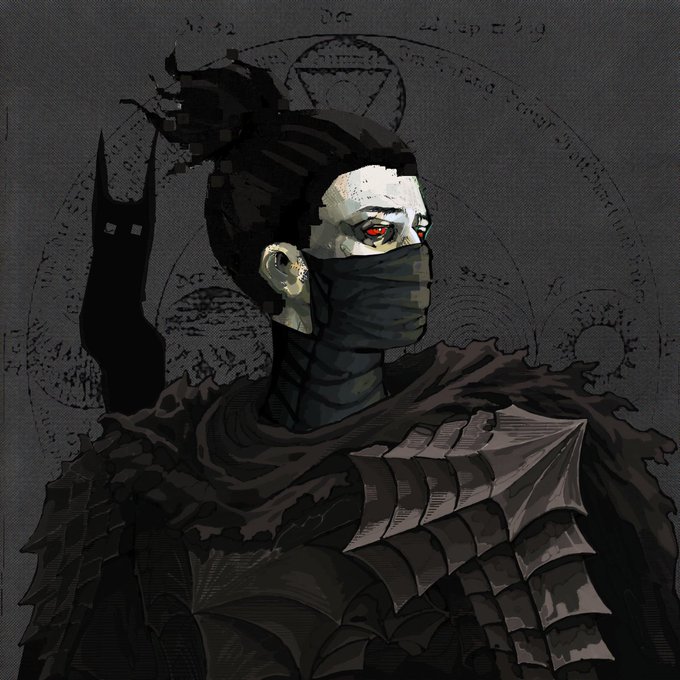 A dark, gothic-style digital illustration of a pale-skinned figure with red eyes wearing a black mask and elaborate bat-wing cloak, set against an occult-themed background with arcane symbols.