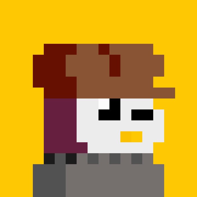 A pixel art illustration of a character with a brown helmet or hat, white face, and dark eyes set against a bright yellow background.