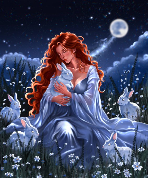 A fantasy digital painting of a red-haired woman in a flowing blue dress holding a white rabbit, surrounded by other rabbits in a moonlit field of flowers.