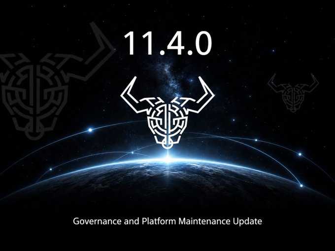 A dark cosmic-themed promotional image displaying "11.4.0" and "Governance and Platform Maintenance Update" with a stylized bull head logo over Earth.