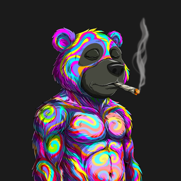 A digital illustration of a psychedelic, neon-colored bear smoking a cigarette against a solid black background.