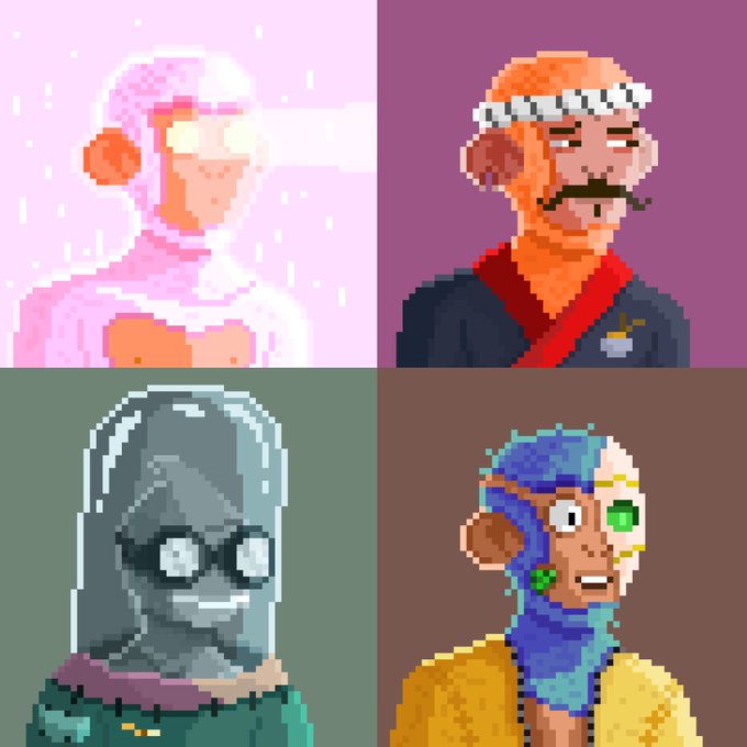 A pixel art grid featuring four distinct character portraits: a glowing pink-haired figure, an older man with a mustache, a masked gray figure, and a blue-headed character with green eyes.