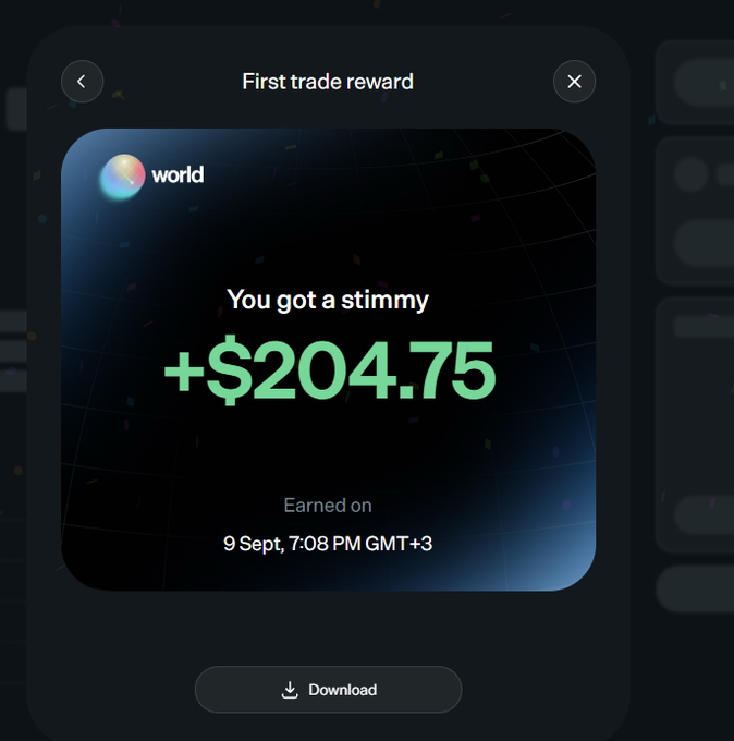 A digital reward notification from World showing a "First trade reward" of "+$204.75" earned on 9 Sept, 7:08 PM GMT+3, representing the "stimmy" cash incentive mentioned in the post for completing the $10 trade requirement.