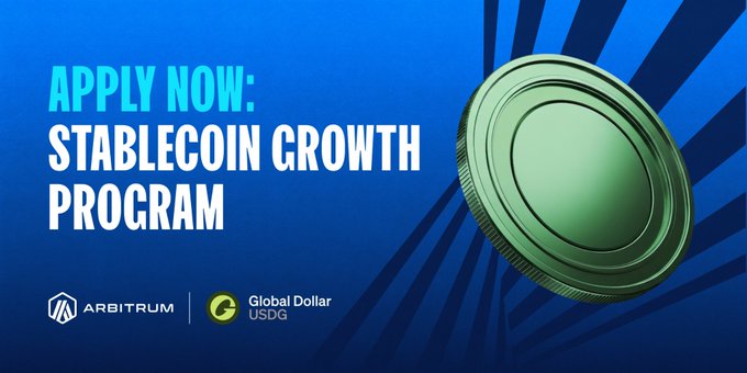 An advertisement for the 'Stablecoin Growth Program' by Arbitrum and Global Dollar (USDG), featuring a green coin graphic on a blue background.