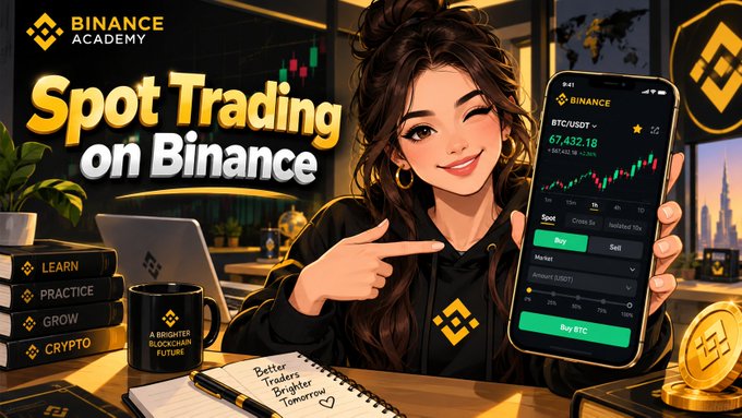 A cartoon-style promotional image for 'Binance Academy' featuring a woman pointing to a smartphone displaying the Binance spot trading interface with BTC/USDT priced at 67,432.18, surrounded by books labeled 'LEARN', 'PRACTICE', 'GROW', 'CRYPTO', and a mug reading 'A BRIGHTER BLOCKCHAIN FUTURE'.