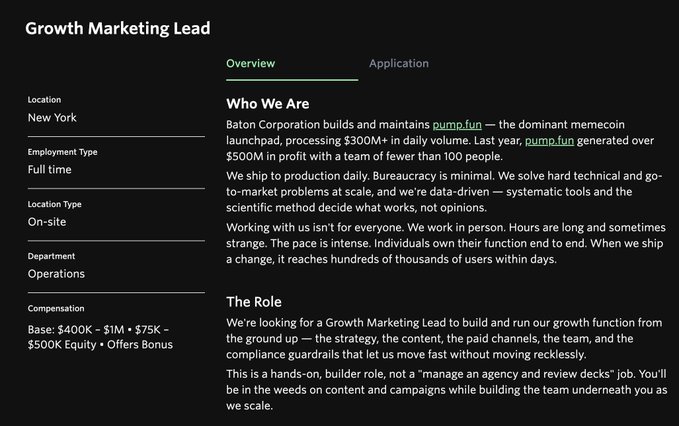 A job posting for a 'Growth Marketing Lead' at Baton Corporation (the company behind pump.fun), based in New York, offering $400K-$500K+ in compensation with equity.