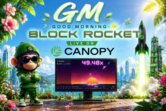 A promotional graphic reading 'GM - GOOD MORNING - BLOCK ROCKET - LIVE ON CANOPY' featuring a cartoon monkey in green streetwear, a computer monitor showing 49.48x, a rocket launch, and pink flowers.