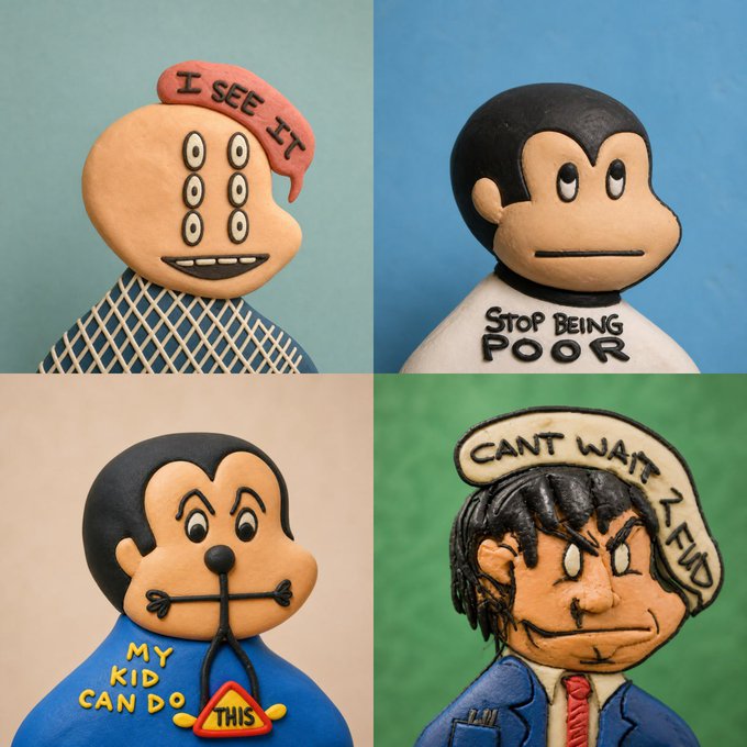 A four-panel collage shows hand-painted clay figurines with witty text banners: "I SEE IT," "STOP BEING POOR," "MY KID CAN DO THIS," and "CANT WAIT 2 EAT," with the playful, sarcastic style matching the creator's note about an unexpected surge of collaboration requests flooding their DMs.
