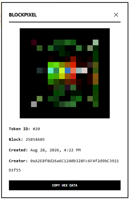 A screenshot of a 'BLOCKPIXEL' NFT token interface showing Token ID #20, Block 25854605, created Aug 28, 2026, with a colorful pixel art image and a 'COPY HEX DATA' button.