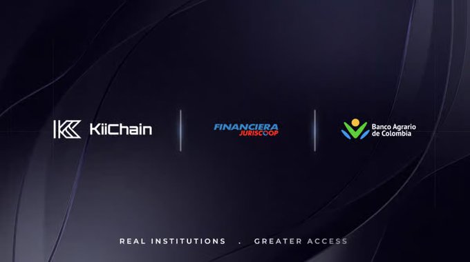The image features a sleek dark blue background with three logos displayed in a row: "KiiChain" on the left, "Financiera Juriscoop" in the center (styled with "FINANCIERA" in blue and "JURISCOOP" in red), and "Banco Agrario de Colombia" on the right, separated by thin vertical white lines, with the tagline "REAL INSTITUTIONS · GREATER ACCESS" at the bottom, visually reinforcing the post's message about KiiChain partnering with real Colombian institutions to bring genuine institutional financial flows on-chain.