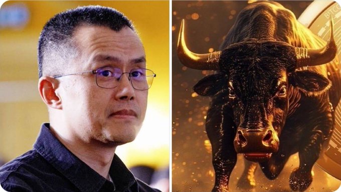 The image is a split composition showing Binance founder Changpeng Zhao (CZ) on the left, wearing glasses and a dark shirt, and a powerful golden bull on the right with the word "BITCOIN" visible on a coin behind it, symbolizing a bullish market surge that aligns with CZ's prediction of a crypto supercycle in 2026.