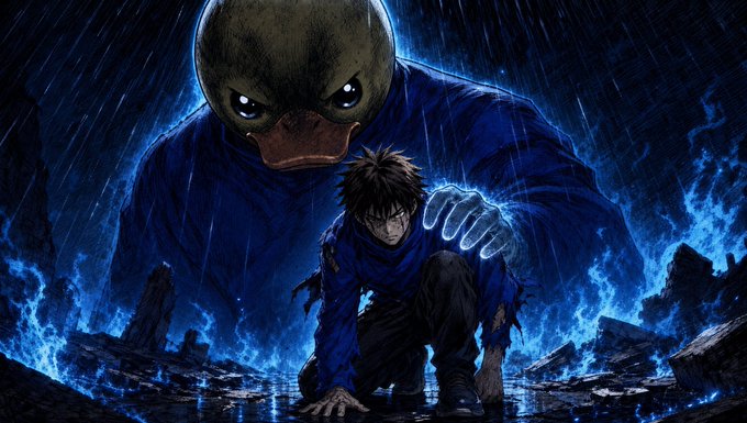 A dramatic anime-style illustration shows a kneeling character in blue surrounded by blue flames, with a large masked figure looming behind them.